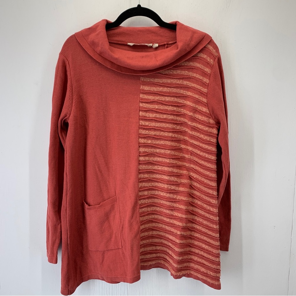 Soft Surroundings Womens Large Sweater Tunic Cowl Neck Textured Cotton Pocket